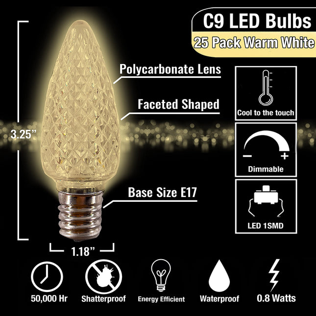C9 Christmas Lights LED Bulb (Pack of 25) Soft Warm White Replacement Christmas Light Bulbs Faceted Retrofit Candle Shape Commercial Grade E17 Socket Roof Lights Bulbs