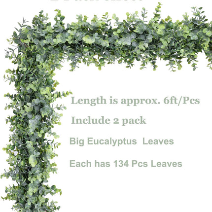 DearHouse Faux Eucalyptus Garland Plant, 2 Pack Artificial Vines Hanging Eucalyptus Leaves Greenery Garland for Wedding Backdrop Arch Wall Decor, 6 Feet/pcs UV Protected Indoor Outdoor