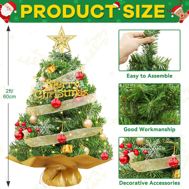Mini Christmas Tree 2FT Green Artificial Small Christmas Tree with Small Warm Light and Hanging Ornaments Desktop Xmas Tree for Chrismtas DIY s Supplies Office Home Party Decorations
