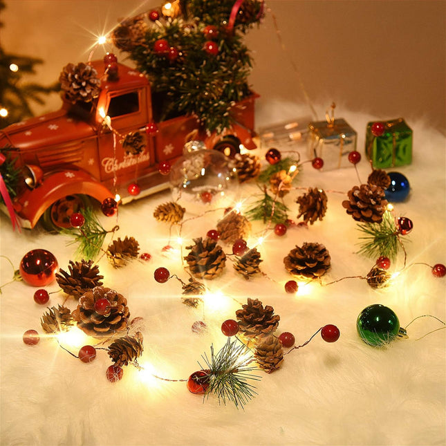 Rocinha Christmas Garland with Lights Battery Operated 7.2 Ft 20 Pinecones Red Berry Garland with Lights Prelit Garland for Mantle Fireplace Table Indoor Outdoor Lighted Garland Decor