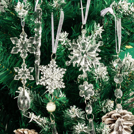 18pcs Christmas Tree Decoration Crystal Ornaments - Hanging Acrylic Christmas Snowflake Icicle Drop Crystal Ornaments for Christmas Tree Winter Year Party Supplies