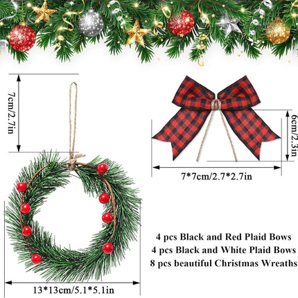 Whaline 8Pcs Mini Christmas Wreath with 8Pcs Mini Plaid Bows Christmas Pine Wreaths Black White Red Bow Christmas Hanging Ornaments for Christmas Tree Window Wall Door Holiday Festival Decoration