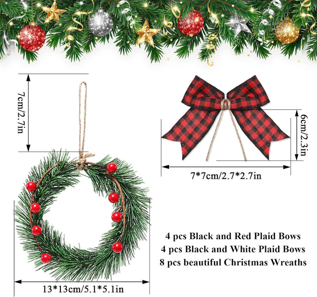 Whaline 8Pcs Mini Christmas Wreath with 8Pcs Mini Plaid Bows Christmas Pine Wreaths Black White Red Bow Christmas Hanging Ornaments for Christmas Tree Window Wall Door Holiday Festival Decoration