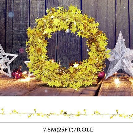 50 Feet Sparkly Star Tinsel Garlands with Wire, Christmas Garlands Hanging Star Tinsel Decorations for Christmas Tree Xmas Party Wedding Birtahday Festive Ornament, 25 Ft X 2 (Gold)