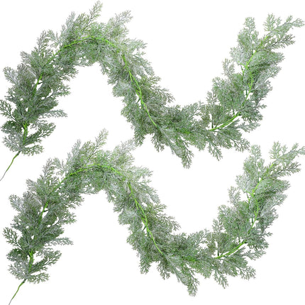 2 Pcs 5.84 Ft LED Artificial Frosted Pine Garland Glitter Frosted Cedar Garland Christmas Faux Cypress Pine Garland Winter Greenery Garland for Table Mantel Holiday Decorations