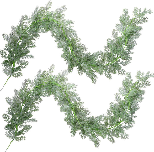 2 Pcs 5.84 Ft LED Artificial Frosted Pine Garland Glitter Frosted Cedar Garland Christmas Faux Cypress Pine Garland Winter Greenery Garland for Table Mantel Holiday Decorations