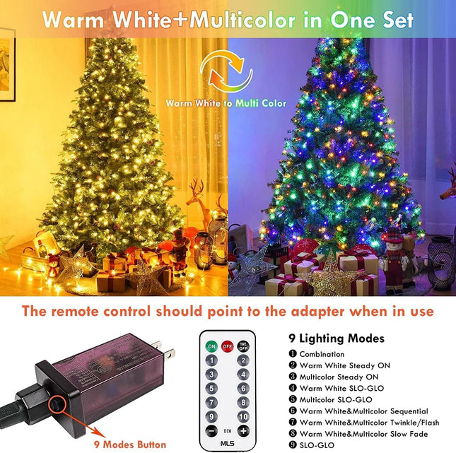 2 Pack Warm White to Multicolor Christmas Lights Indoor Outdoor, Super Bright 66FT 200 LED String Lights Waterproof, Twinkle Xmas Lights with Timer for Bedroom Party Christmas Tree Decorations