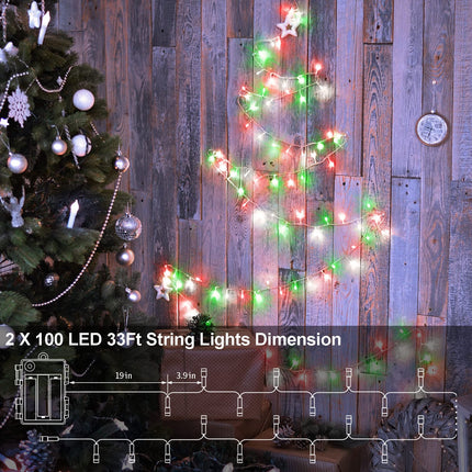 Red White Green Christmas String Lights Battery Operated, 2 Pack 100 LED String Lights 33Ft Clear Wire with Timer 8 Modes Outdoor Indoor Novelty Lights for Home Xmas Tree Garland Holiday Decoration