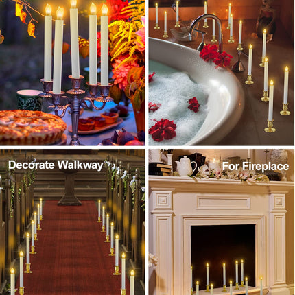 RONXS Window Candles, Flameless Taper Candles with Timer, Christmas Home Wedding Decor Battery Operated Flickering LED Candles with Remote Controls, Gold Candle Holders (B-6pcs Gold)
