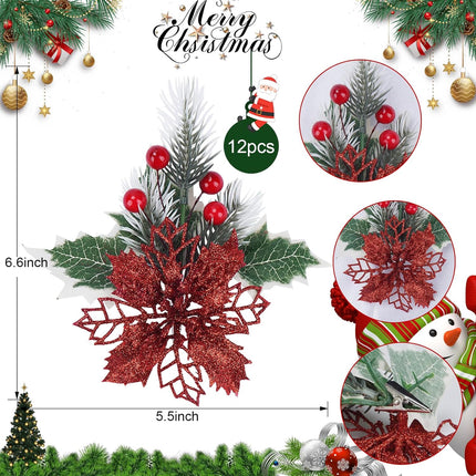 XHXSTORE 12PCS Christmas Artificial Flowers Glitter Red Berries Artificial Flowers Poinsettia Flowers with Clips for Xmax Christmas Wreath Wedding Home Party Garlands DIY Decor(6.6inch)