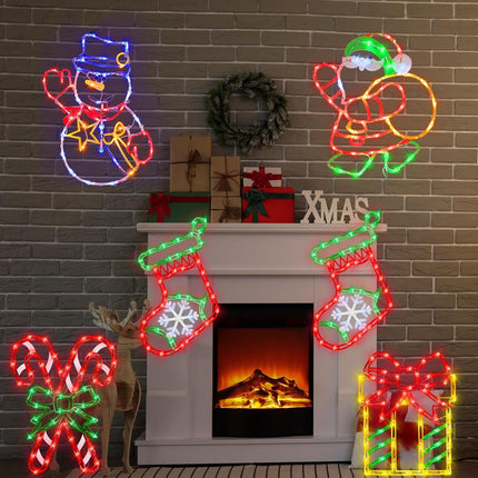 16" Christmas Window Silhouette Lights Decorations - 4 Pack Colour Lighted Santa ＆ Box ＆ Candy Cane ＆ Christmas Stocking for Holiday Indoor and Outdoor Wall Door Window Decorate