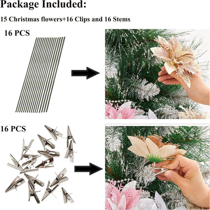 15 Pcs Glitter Poinsettia Artificial Christmas Flowers, Rosegold Decorations for Tree, Wreath, Garland - With Clips and Stems, 5.5 Inch