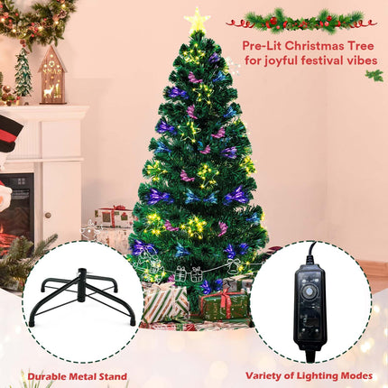 5Ft Fiber Optic Artificial Christmas Tree with Lighted Copper Wire Stars and Tree Topper, Pre-lit Christmas Tree for Holiday Home Office Decor with Foldable Base