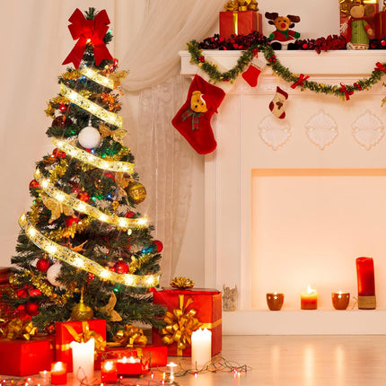 4 Pcs 65.62 ft Christmas Ribbon Fairy Lights Gold Christmas Lights Lighted Ribbon Garland for Christmas Tree Gold Garland Christmas Decorations Indoor Outdoor Party Decorations, Warm White