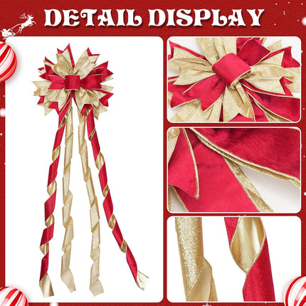 Christmas Tree Topper Bow with Streamers, 53x13 Inches Xmas Large Topper Bow Red Velvet Bows with Glitter Powder for Xmas Ornament Indoor/Outdoor Decor