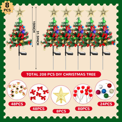 VIHOSE 8 Set 32 Inch Solar Christmas Tree Xmas Garden Stake Light Tree Decor Set with Bell Gold Pastel Ball Red Bow Tie Tree Waterproof Christmas Outdoor Decoration Tree for Yard Pathway Patio Lawn
