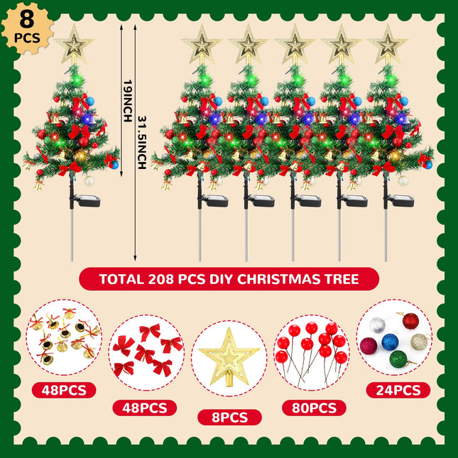 VIHOSE 8 Set 32 Inch Solar Christmas Tree Xmas Garden Stake Light Tree Decor Set with Bell Gold Pastel Ball Red Bow Tie Tree Waterproof Christmas Outdoor Decoration Tree for Yard Pathway Patio Lawn