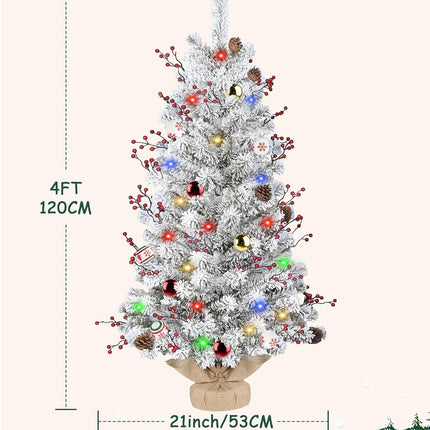 DDHS Small Flocked Christmas Tree,4ft Prelit Tabletop Christmas Tree, with 100 Lights, Ornaments Balls, Pine Cones Red Berries, Easy to Assemble Perfect for Holiday Christmas Home Decor