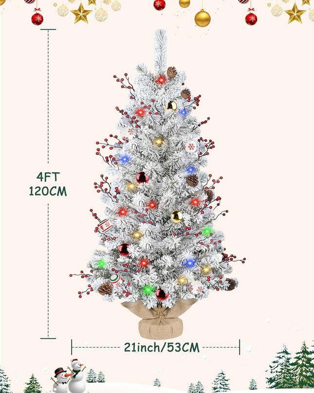 DDHS Small Flocked Christmas Tree,4ft Prelit Tabletop Christmas Tree, with 100 Lights, Ornaments Balls, Pine Cones Red Berries, Easy to Assemble Perfect for Holiday Christmas Home Decor