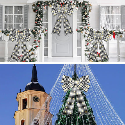 Liliful 2 Pcs 18 x 32 in LED Christmas Wreath Bows Extra Large Bows 72 LED Lights Wreath Huge Bow Door Wall Xmas Tree Top Decor for Indoor Outdoor Winter Xmas Party(Black White Buffalo Plaid)
