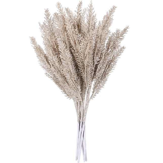 Sea Team 6-Pack Artificial Glitter Pine Twigs, Spruce Stem Ornaments, Decorative Sticks, Picks, Branches for Christmas Tree, Wreath, Vase Fillers for Centerpieces, Home Décor, Champagne