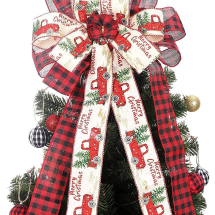 Christmas Tree Topper, 30 x 13 Inches Handmade Buffalo Plaid Decorative Bow, Red Black Christmas Bow Topper, Rustic Farmhouse Xmas Decorations Home Decor