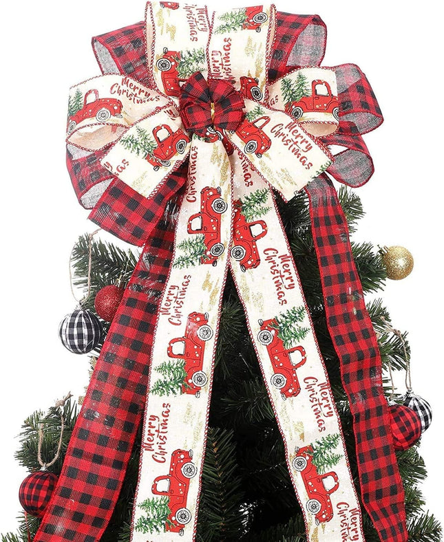 Christmas Tree Topper, 30 x 13 Inches Handmade Buffalo Plaid Decorative Bow, Red Black Christmas Bow Topper, Rustic Farmhouse Xmas Decorations Home Decor