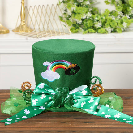 CiyvoLyeen St. Patrick Day Tree Topper Hat Large Green Velvet Hat Leprechaun Top Hat for Christmas Tree Decor Green Shamrock Bowknot Irish Home Decor Wreath Attachment Idea