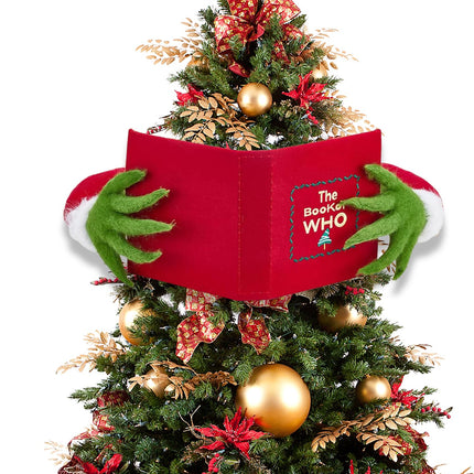 Whoville Grinnch Christmas Tree Decorations, Funnny Grinnch Reading The Book of WHO Christmas Tree Topper Ornaments Farmhouse Christmas Decor for Table Mantel Porch Holiday Party s