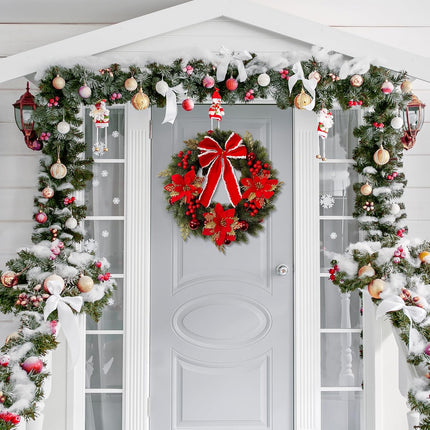 18Inch Christmas Wreath,Lighted Christmas Garland with Pine Needles Poinsettia for Home Indoor Outdoor Christmas Decorations Wreaths for Front Door Window Wall