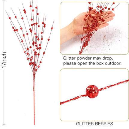 Sggvecsy 15 Pack Artificial Glitter Berry Stem Ornaments 17 Inches Fake Christmas Picks Decorative Glitter Sticks for Christmas Tree DIY Wreath Crafts Fireplace Holiday Home Decor (Red)