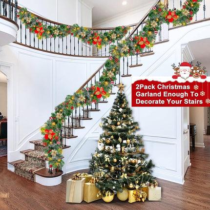 [ 2 Pack & Timer 8 Mode ] 9 Ft 100 LED Prelit Christmas Garland, Each 18 Ball 6 Poinsettia 300 Thick Snowy Tips 18 Pinecone 198 Red Berry Battery Operated Christmas Garland Decor Mantle Indoor Outdoor