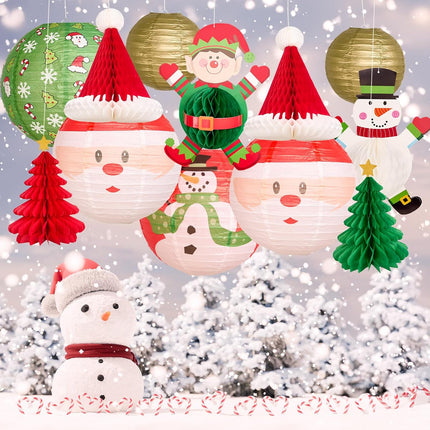 12Pc Gold Red Green Christmas Elf Paper Lantern Decoration Set, 3D Xmas Hat, Santa Claus, Snowman Tissue Paper Honeycomb, Indoor Outdoor Hanging Xmas Tree Star Garland Holiday Party Supply 12, 10, 8''