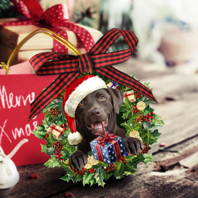 Talataca Chocolate Labrador Retriever Wearing A Hat Wreath Dog Lover 2D Flat Christmas Tree Wood Ornament Decor Wooden Hanging Decoration House Present Xmas Eve Keepsake Decorative