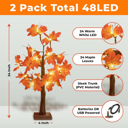 2 Pack Fall Lighted Maple Tree, 48 LED Lights, USB+Battery Operated 24-inch Thanksgiving Table Centerpieces Decoration Artificial Tree Fall Decorations for Office Home Tabletop Indoor Decor Kitchen