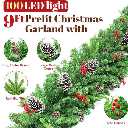 LAVEVE Pre-lit Christmas Garland 9 FT, Battery Operated 100 Lights Garland with Cedar Cones and Red Berries, Outdoor Indoor Christmas Decorations for Mantle, Stairs, Front Porch