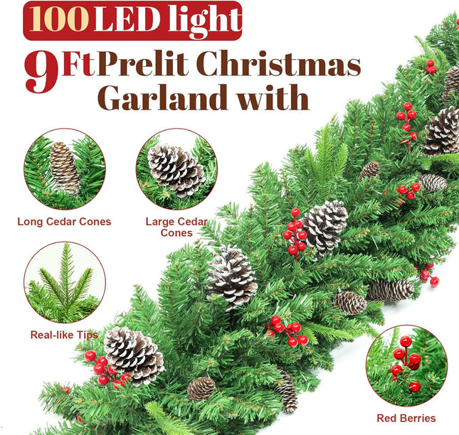 LAVEVE Pre-lit Christmas Garland 9 FT, Battery Operated 100 Lights Garland with Cedar Cones and Red Berries, Outdoor Indoor Christmas Decorations for Mantle, Stairs, Front Porch