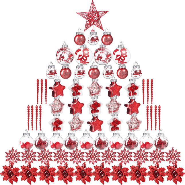 Jenaai 80 Pcs Clear Christmas Ball Ornaments Set Transparent Shatterproof Decorative Ball Christmas Hanging Baubles with Stuffed Delicate Decoration for Xmas Tree Decor Holiday Party (Red)
