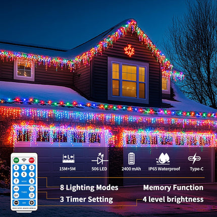 Solar Christmas Lights Outdoor Waterproof, 50+16Ft 506 LED Icicle Lights for Outside with 101 Drops Connectable Rechargeable Dimmable 8 Modes Fairy Lights for Xmas Outdoor House Roof Eaves