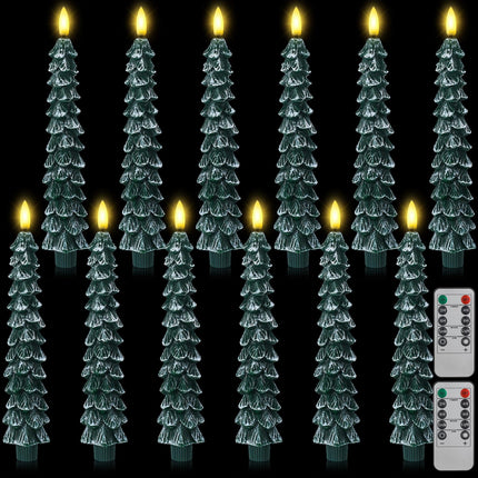Funtery 12 Pcs Flameless Taper Candles Christmas Tree Candle with Remote Timer 9.7" 3D Real Wax Flickering LED Candles Battery Operated Lights Candlesticks with Flame for Xmas Home (White Green)