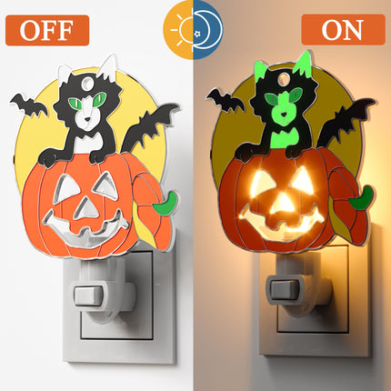 Halloween Black Cat Pumpkin Luminous Night Lights Plug into Wall, Fluorescence Metal Bright Plug in Nightlight, Halloween Christmas Valentine Holidays