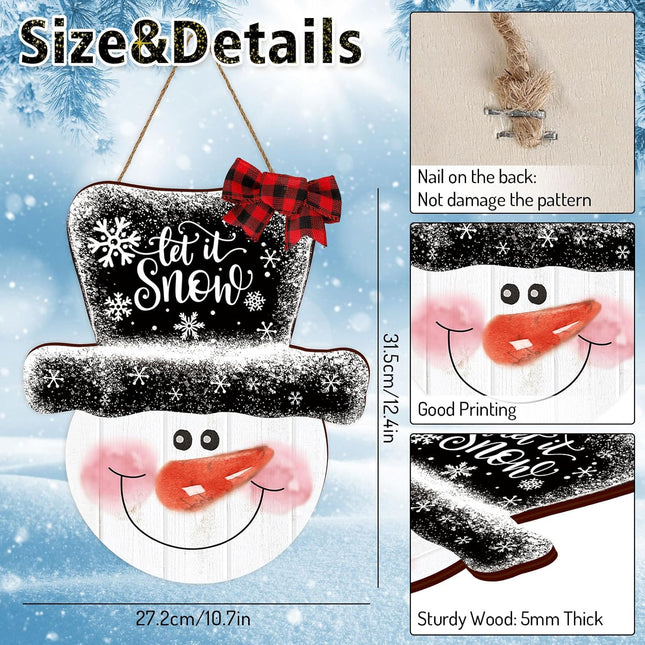 Whaline Christmas Snowman Wooden Hanging Sign Let It Snow Door Hanger Sign Xmas Winter Holiday Welcome Wreath Sign with Buffalo Plaid Bow for Indoor Outdoor Home Farmhouse Wall Window Decor