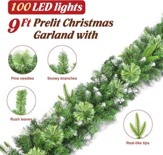 Jin&Bao 9FT Christmas Garland with Lights 100 LED Prelit Pine Needle, Real-Like Tips and Snow Branches Garland Christmas Decorations with Timer 8 Modes for Mantle Stairs Door Outdoor Decor
