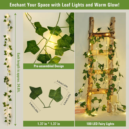Ivy Vines with Fairy Lights Battery Operated - 100 LED Vine Lights for Bedroom with Remote, 33ft Leaf Lights for Wall Bathroom Christmas Garland Wedding Party Room Decor (Warm White)