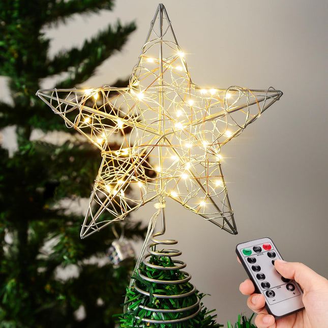 Verdenu 10'' Christmas Tree Topper Lighted in 8 Modes, Christmas Star Tree Topper with 40 LED Lights, Metal Star Tree Topper with Remote Control for Christmas Decorations, Home Decorations (Silver)