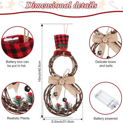Christmas Lighted Wreath Decoration Snowman Wreath Christmas Large Grapevine Wreath with Hat and Bow Xmas Wall Hanging Ornament for Front Door Home Garden Wall Decor Battery Operated (16 x 8 inch)