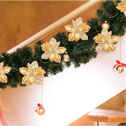 10" Velvet Poinsettias Artificial Christmas Flowers, 6pcs Large Glitter Christmas Poinsettia Picks, Floral Stems for Christmas Tree Wreath Garland Decorations DIY Ornaments (Gold