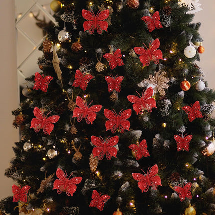 Liliful 32 Pcs Christmas Glitter Butterfly Ornament with Clip Hollow Butterfly Xmas Decoration Artificial Hanging Butterfly Clip Decor for Christmas Tree Wedding Wreath Party Supply,2 Size (Red)