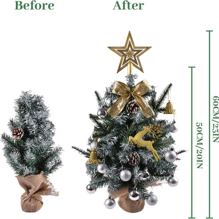 Artificial Mini Christmas Tree with LED Lights, 21 Inch Table Top Christmas Tree with Pine Cones, Silver Balls, and Gold Fawn for Holiday and Christmas Decoration