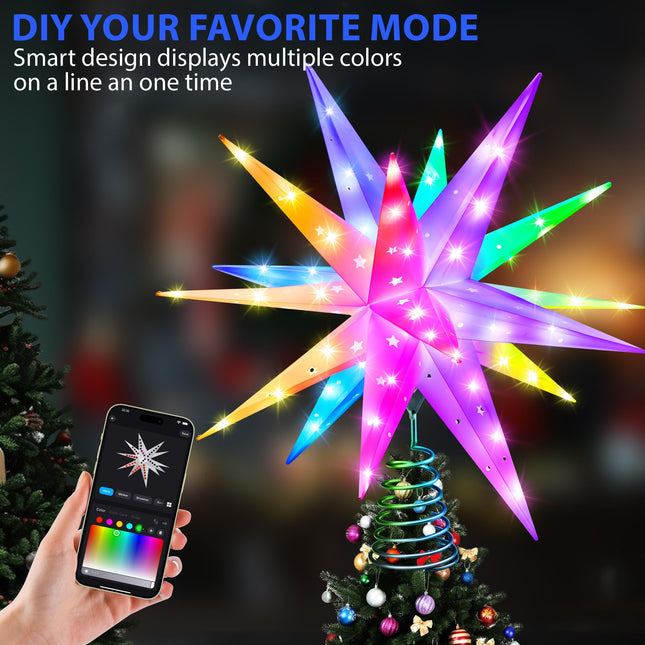 Smart 13" Christmas Star Tree Topper with Lights - 54 LED 3D Foldable Stars Shell 16 Million Colors Advanced App Control Music Sync with Remote Indoor Outdoor Decoration (Hollow Star)